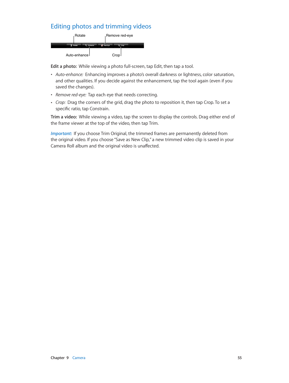 Editing photos and trimming videos, 55 editing photos and trimming videos | Apple iPad iOS 6.1 User Manual | Page 55 / 137