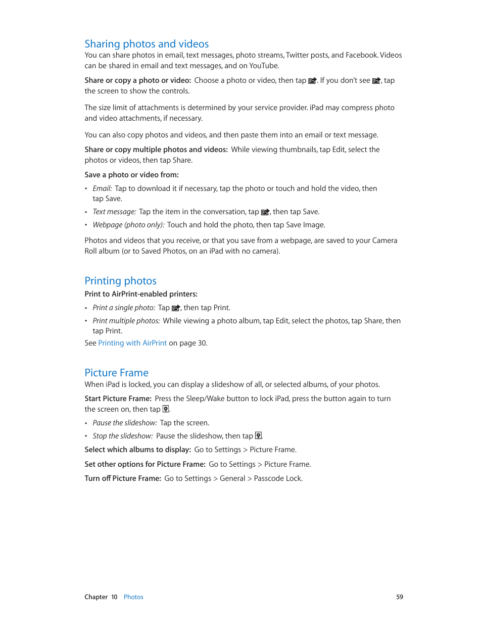 Sharing photos and videos, Printing photos, Picture frame | Apple iPad iOS 6.1 User Manual | Page 59 / 137