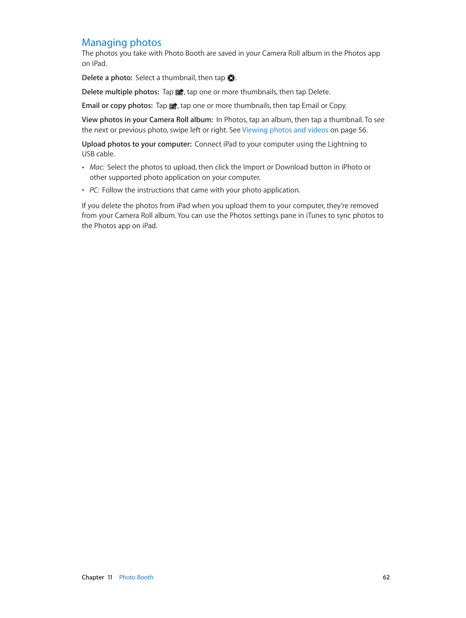 Managing photos, 62 managing photos | Apple iPad iOS 6.1 User Manual | Page 62 / 137