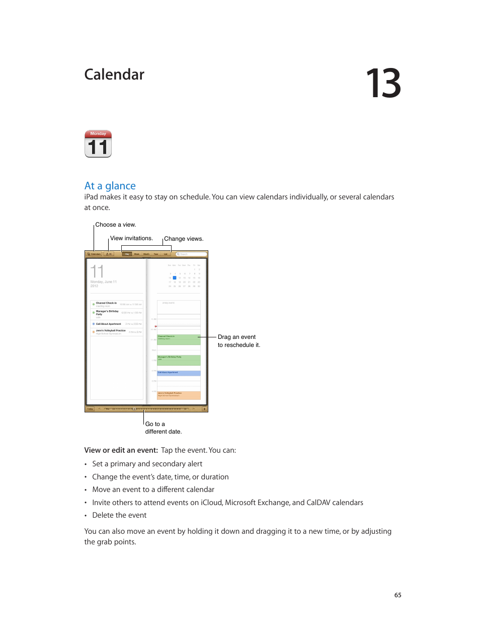 Chapter 13: calendar, At a glance, 65 at a glance | Calendar | Apple iPad iOS 6.1 User Manual | Page 65 / 137