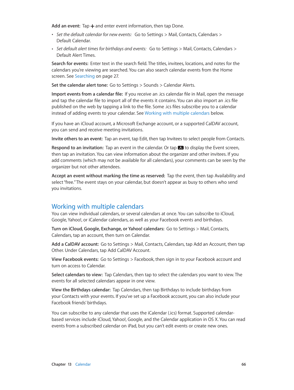 Working with multiple calendars, 66 working with multiple calendars | Apple iPad iOS 6.1 User Manual | Page 66 / 137