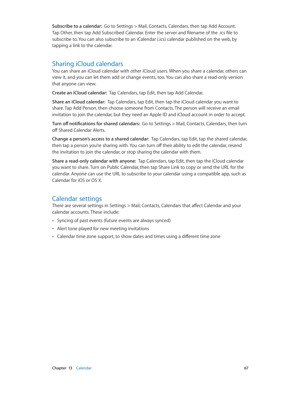 Sharing icloud calendars, Calendar settings, 67 sharing icloud calendars 67 calendar settings | Apple iPad iOS 6.1 User Manual | Page 67 / 137