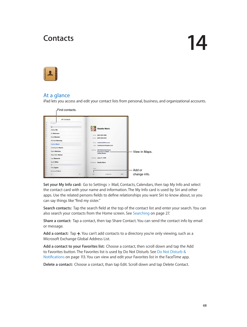 Chapter 14: contacts, At a glance, 68 at a glance | Contacts | Apple iPad iOS 6.1 User Manual | Page 68 / 137