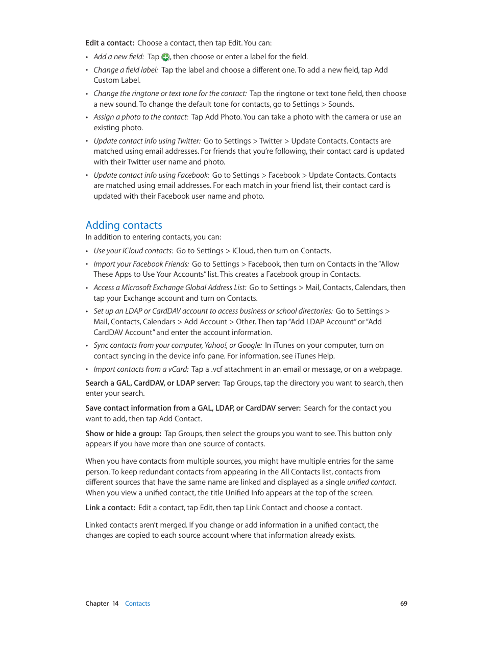 Adding contacts, 69 adding contacts | Apple iPad iOS 6.1 User Manual | Page 69 / 137