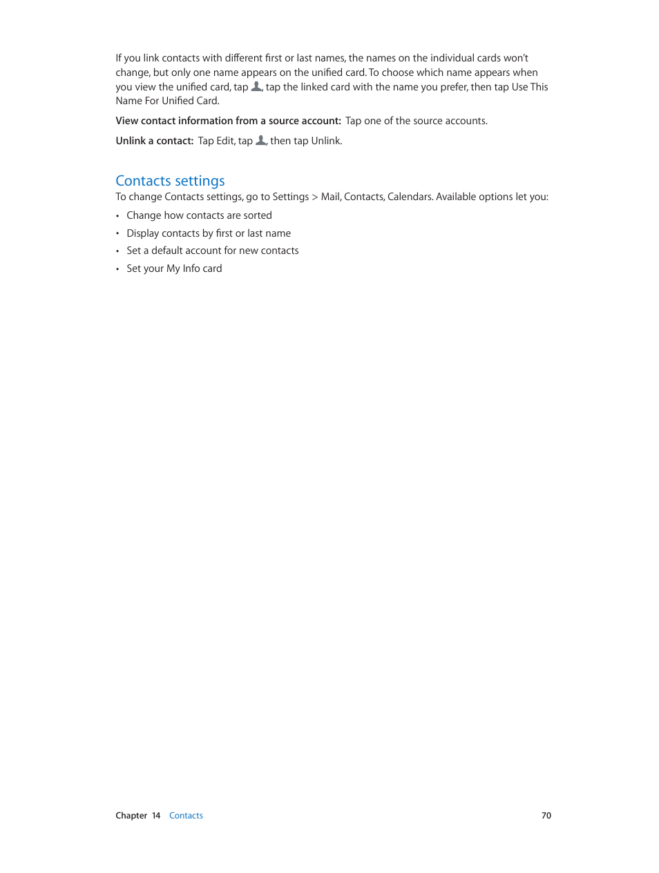 Contacts settings, 70 contacts settings | Apple iPad iOS 6.1 User Manual | Page 70 / 137