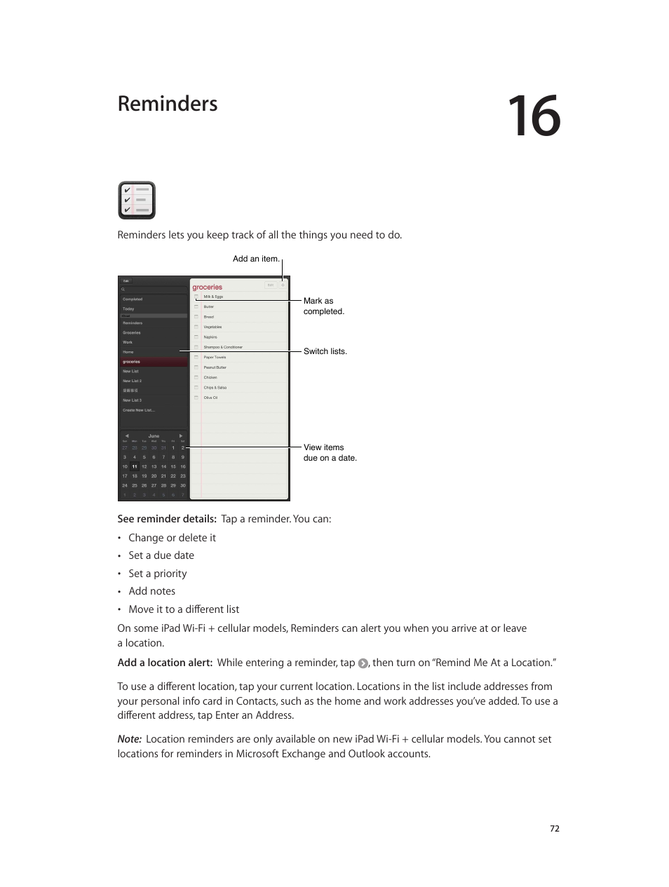 Chapter 16: reminders, Reminders | Apple iPad iOS 6.1 User Manual | Page 72 / 137