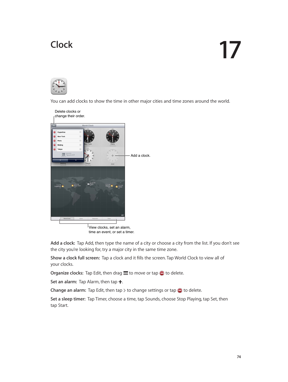 Chapter 17: clock, Clock | Apple iPad iOS 6.1 User Manual | Page 74 / 137