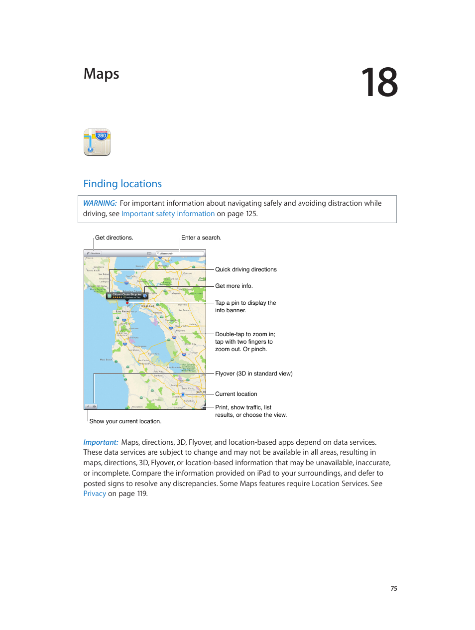 Chapter 18: maps, Finding locations, 75 finding locations | Maps | Apple iPad iOS 6.1 User Manual | Page 75 / 137