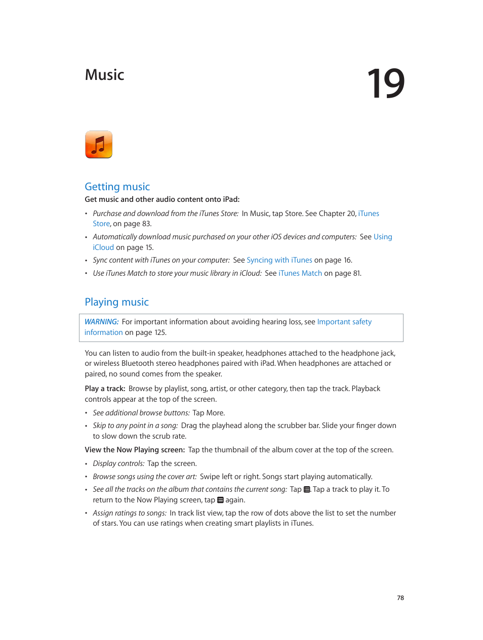 Chapter 19: music, Getting music, Playing music | 78 getting music 78 playing music, Playing, Music | Apple iPad iOS 6.1 User Manual | Page 78 / 137