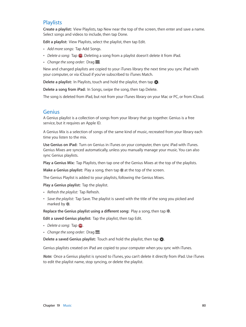 Playlists, Genius, 80 playlists 80 genius | Apple iPad iOS 6.1 User Manual | Page 80 / 137