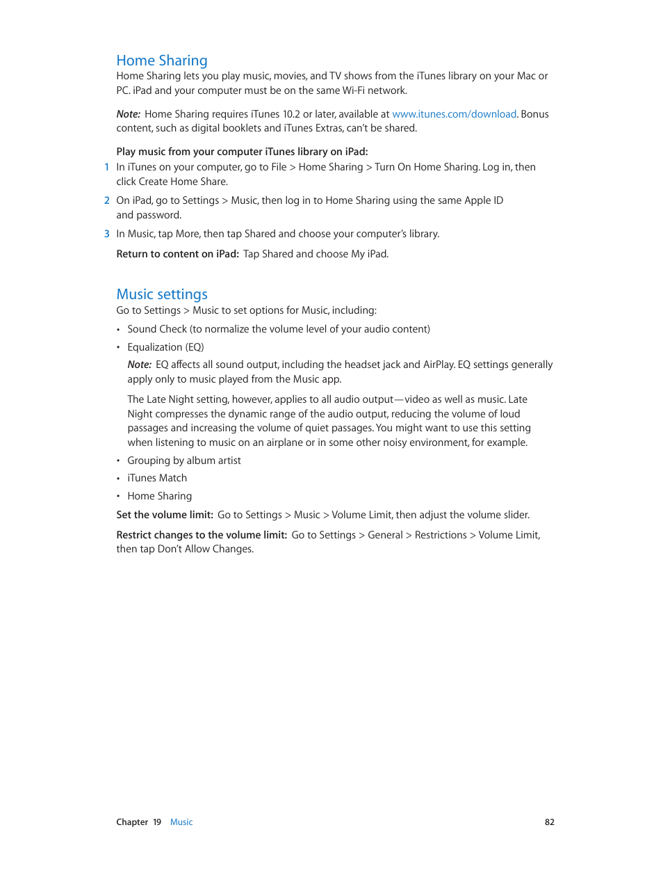 Home sharing, Music settings, 82 home sharing 82 music settings | Apple iPad iOS 6.1 User Manual | Page 82 / 137