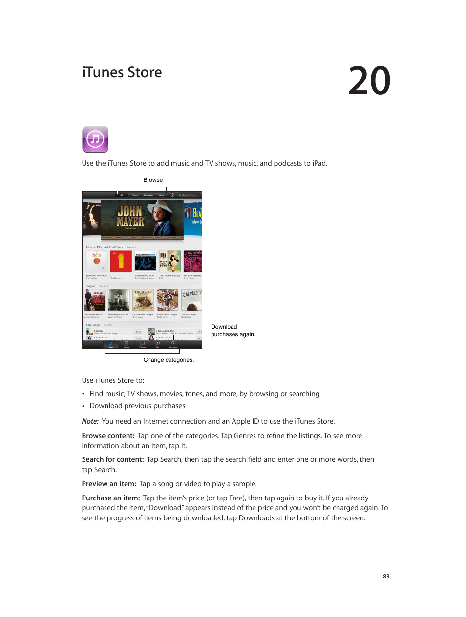 Chapter 20: itunes store, Itunes store, Itunes | Store | Apple iPad iOS 6.1 User Manual | Page 83 / 137