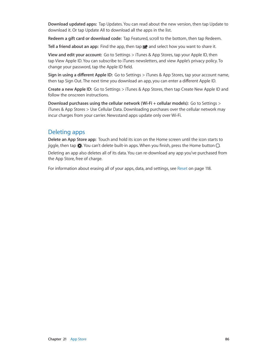 Deleting apps, 86 deleting apps | Apple iPad iOS 6.1 User Manual | Page 86 / 137