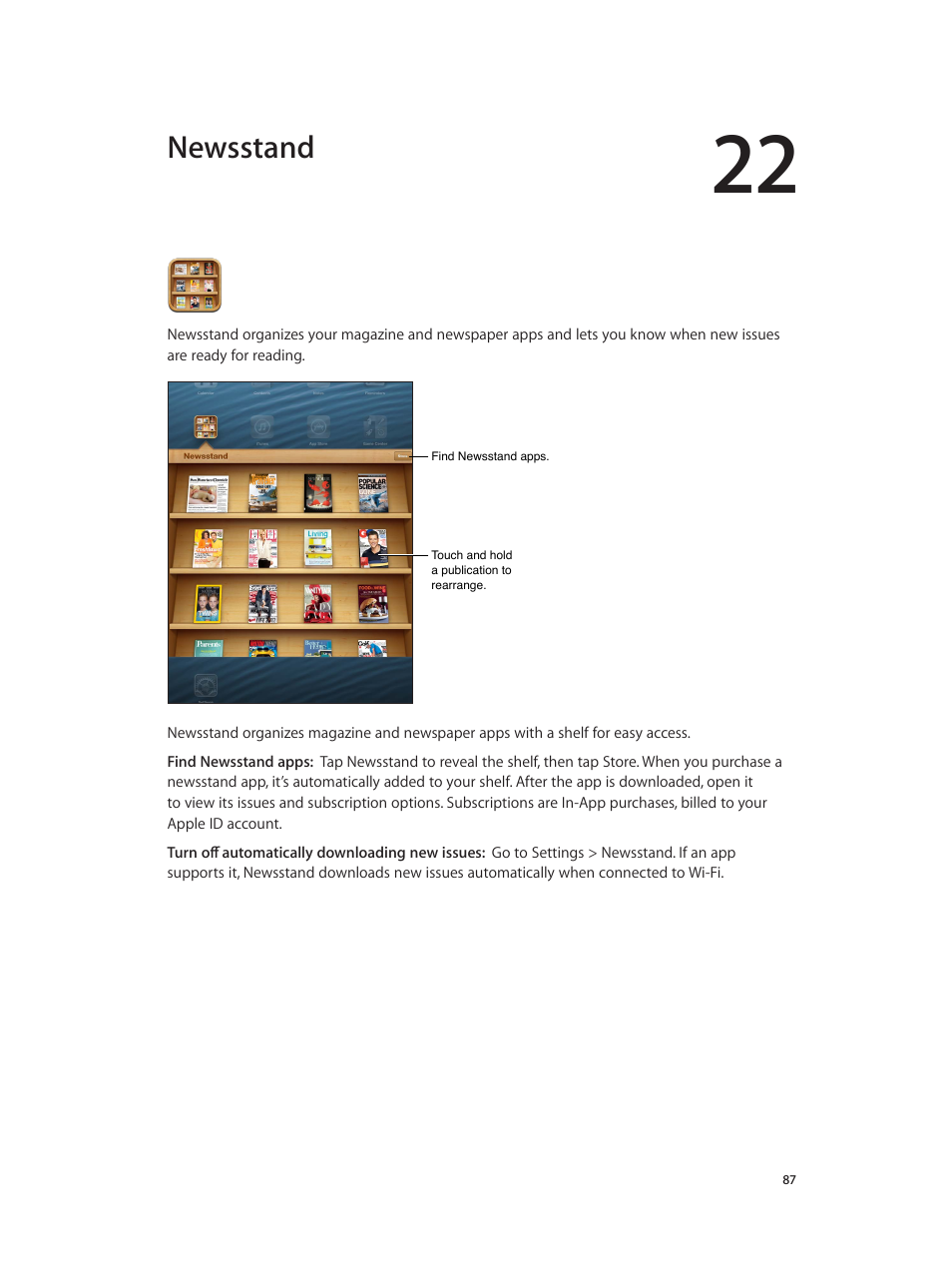 Chapter 22: newsstand, Newsstand | Apple iPad iOS 6.1 User Manual | Page 87 / 137