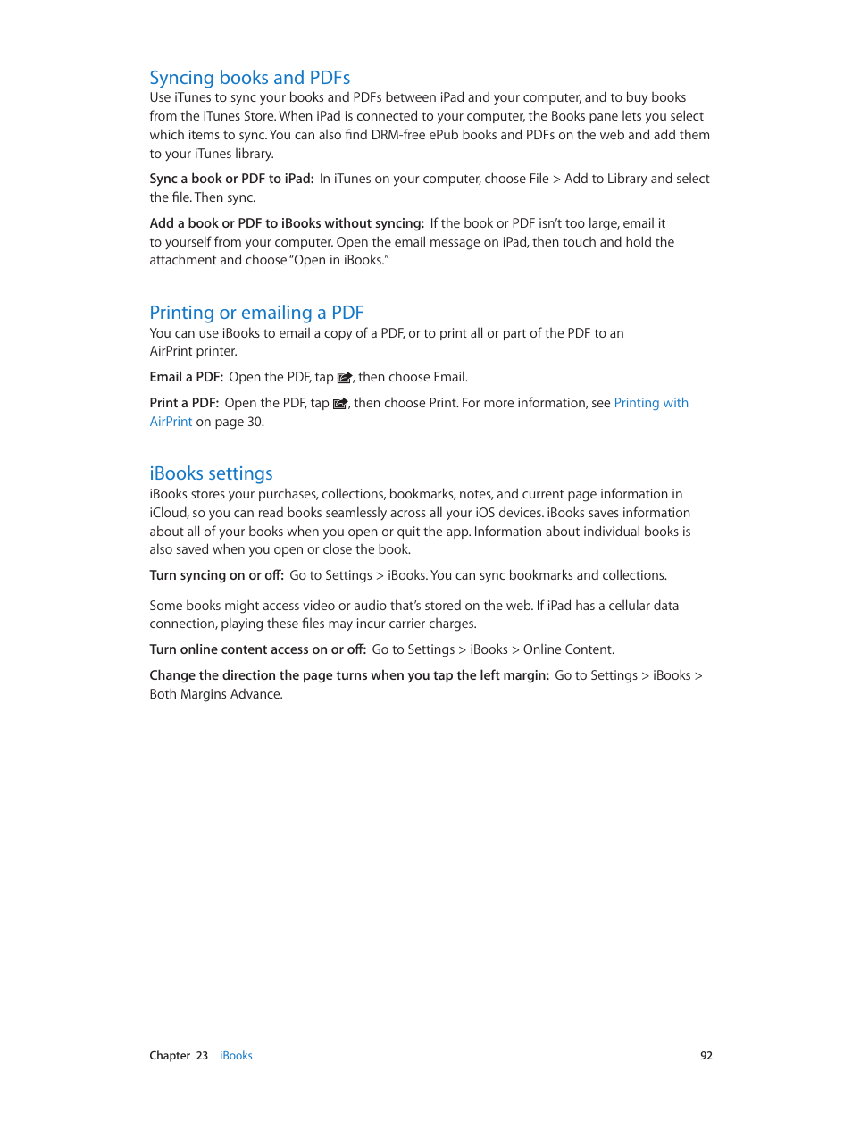 Syncing books and pdfs, Printing or emailing a pdf, Ibooks settings | Apple iPad iOS 6.1 User Manual | Page 92 / 137