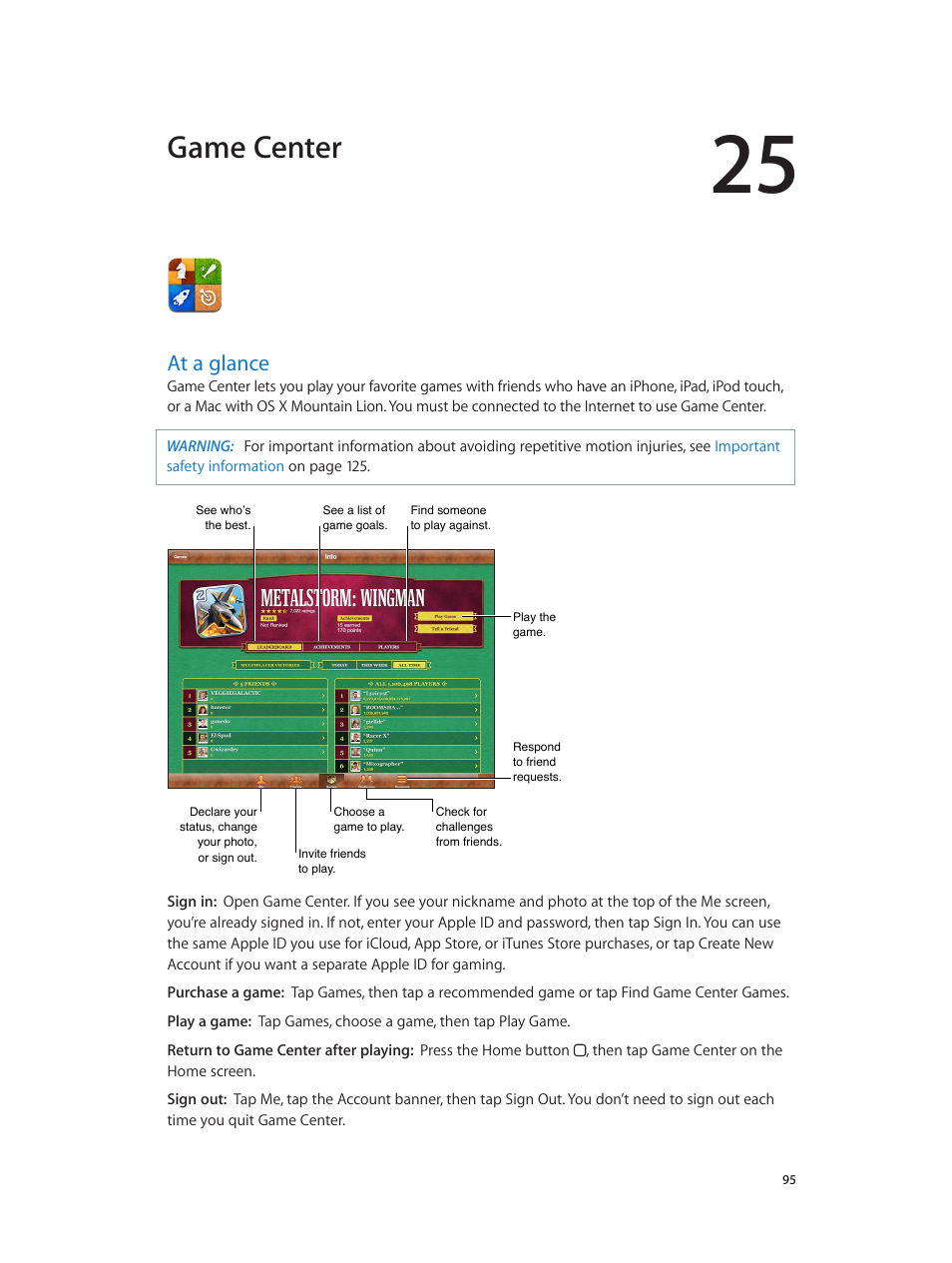 Chapter 25: game center, At a glance, 95 at a glance | Game center | Apple iPad iOS 6.1 User Manual | Page 95 / 137