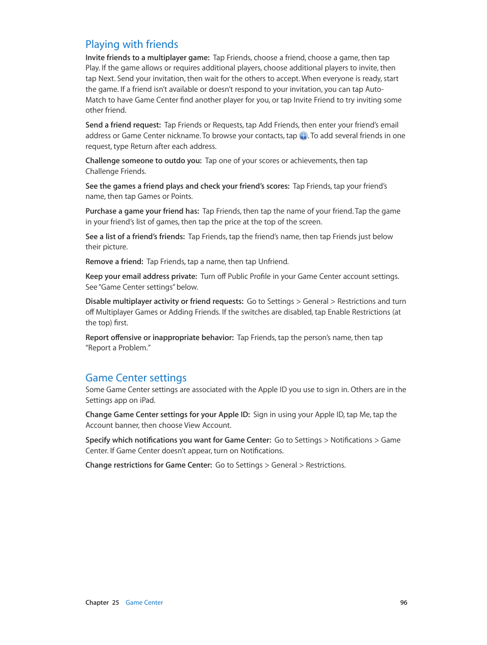 Playing with friends, Game center settings, 96 playing with friends 96 game center settings | Apple iPad iOS 6.1 User Manual | Page 96 / 137