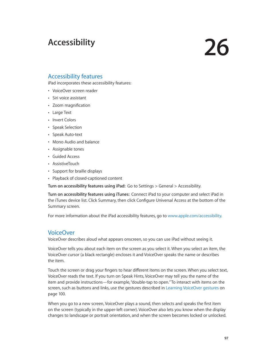 Chapter 26: accessibility, Accessibility features, Voiceover | 97 accessibility features 97 voiceover, Accessibility | Apple iPad iOS 6.1 User Manual | Page 97 / 137