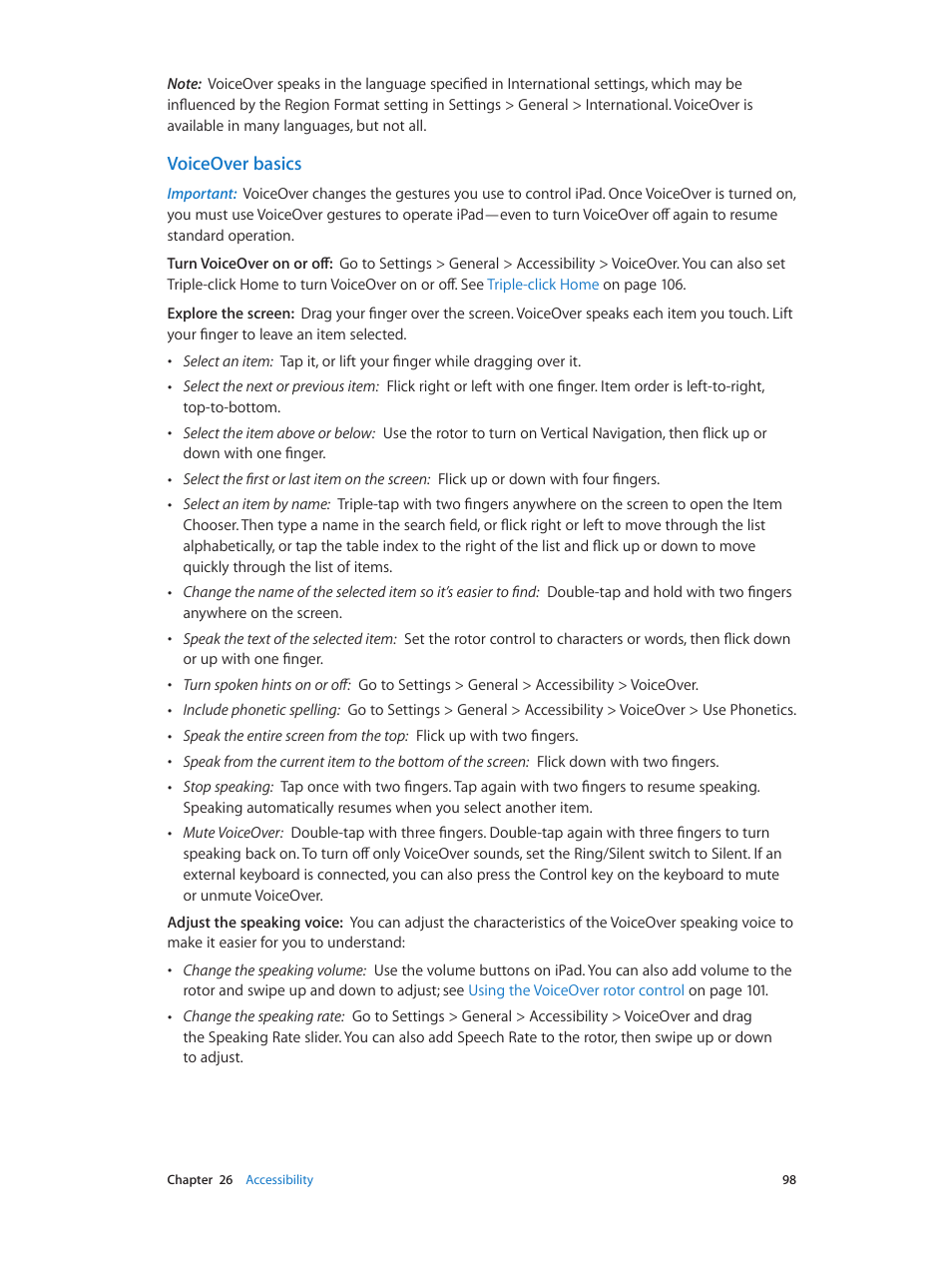 Voiceover basics | Apple iPad iOS 6.1 User Manual | Page 98 / 137