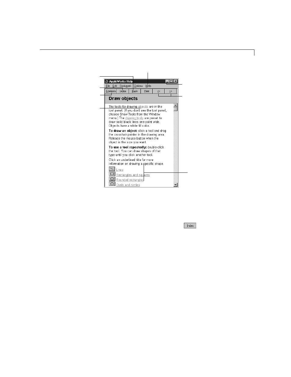 Using the onscreen help index | Apple AppleWorks 5 : Windows 95/NT 4.0 User Manual | Page 17 / 267