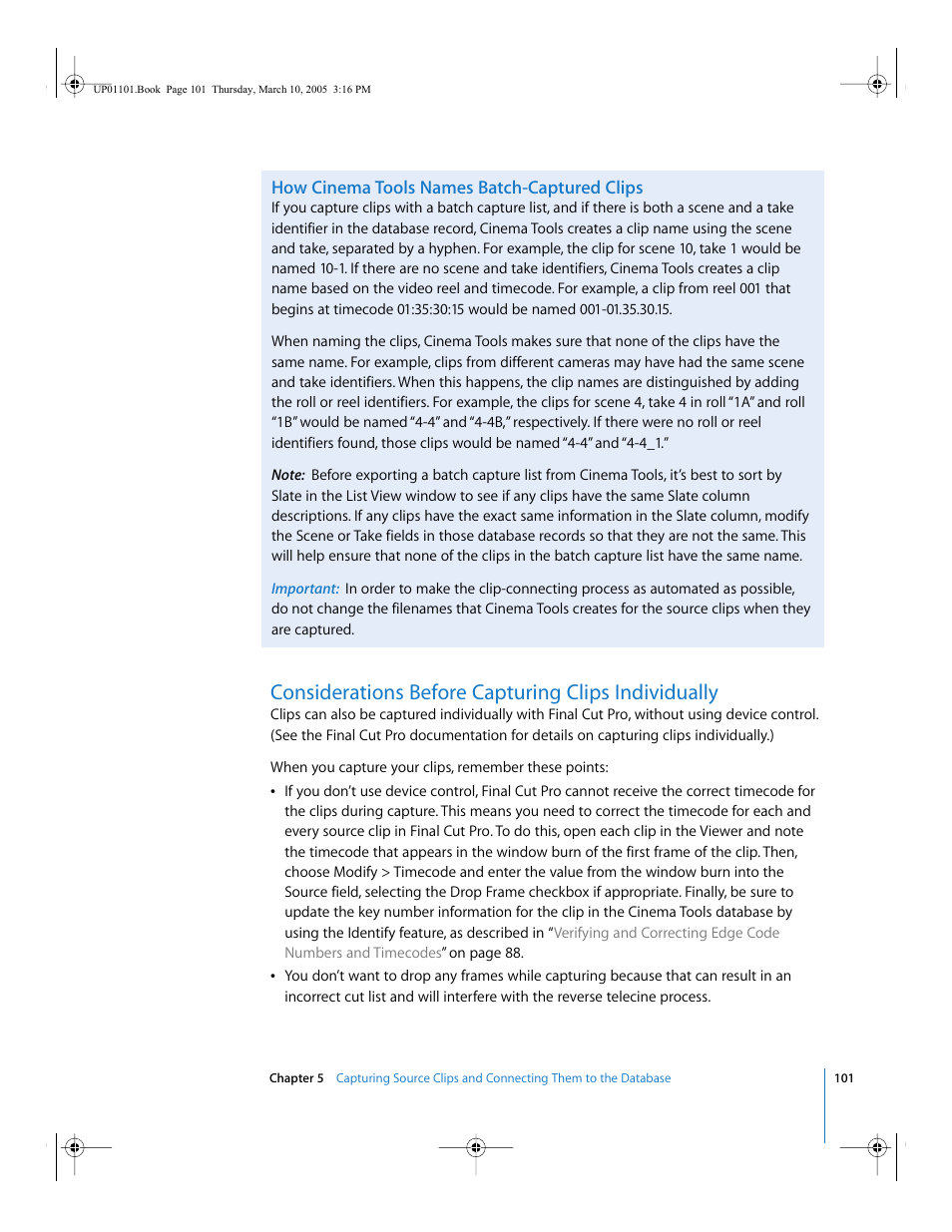 How cinema tools names batch-captured clips, Considerations before capturing clips individually | Apple Cinema Tools 3 User Manual | Page 101 / 235