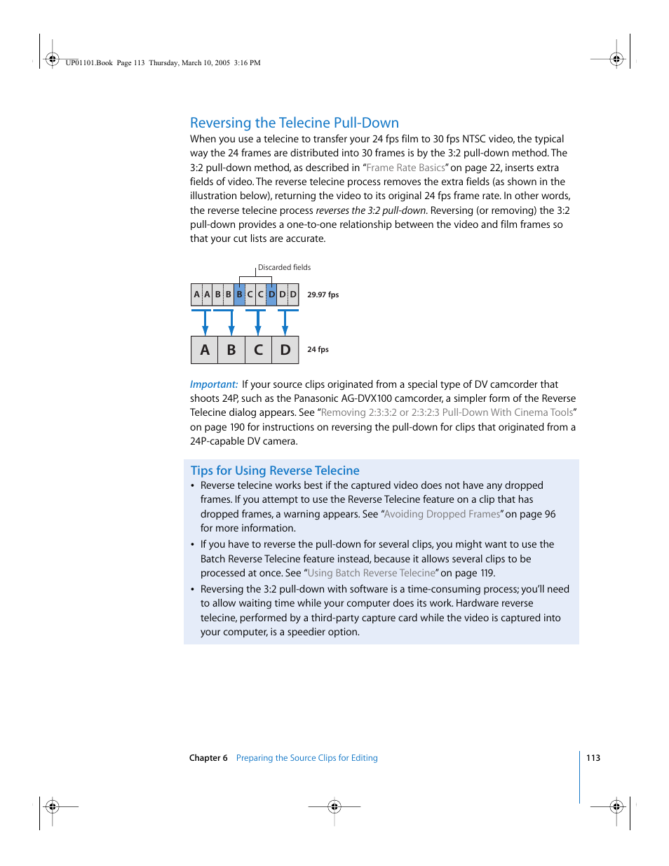 Reversing the telecine pull-down, Tips for using reverse telecine, Ab c d | Apple Cinema Tools 3 User Manual | Page 113 / 235