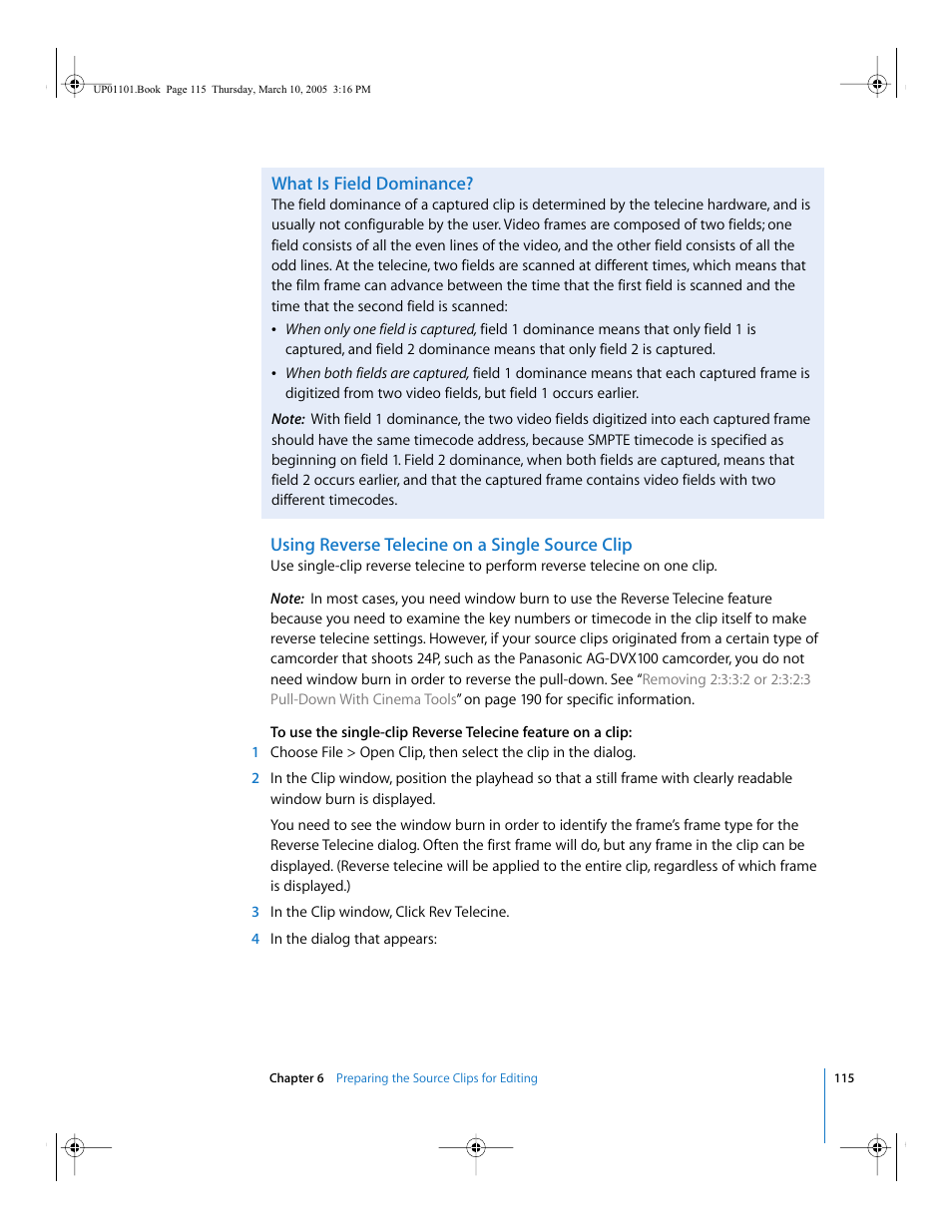 What is field dominance, Using reverse telecine on a single source clip | Apple Cinema Tools 3 User Manual | Page 115 / 235