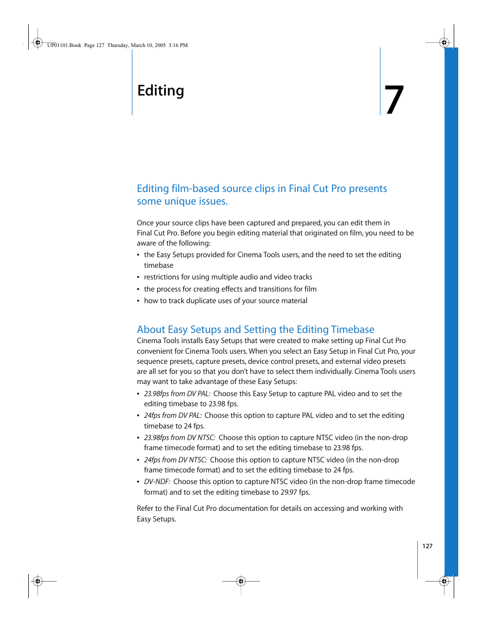 Editing, About easy setups and setting the editing timebase, Chapter 7 | Scribed in chapter 7 | Apple Cinema Tools 3 User Manual | Page 127 / 235