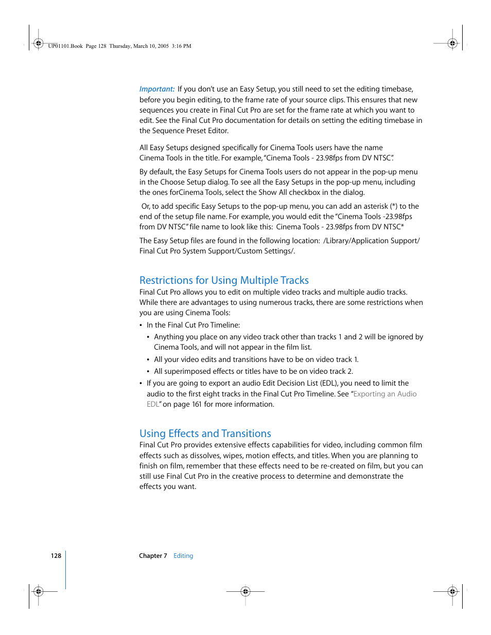 Restrictions for using multiple tracks, Using effects and transitions | Apple Cinema Tools 3 User Manual | Page 128 / 235