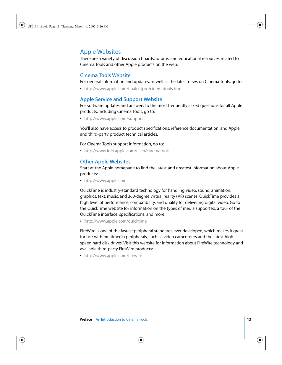 Apple websites, Cinema tools website, Apple service and support website | Other apple websites | Apple Cinema Tools 3 User Manual | Page 13 / 235