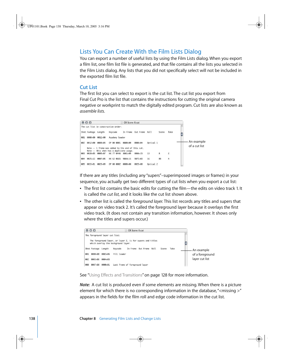 Lists you can create with the film lists dialog, Cut list | Apple Cinema Tools 3 User Manual | Page 138 / 235