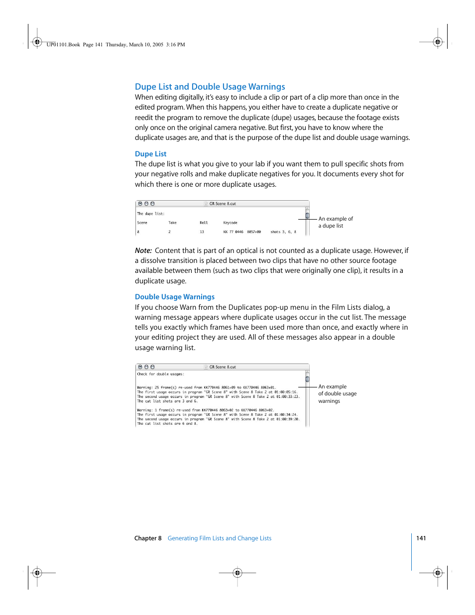 Dupe list and double usage warnings | Apple Cinema Tools 3 User Manual | Page 141 / 235