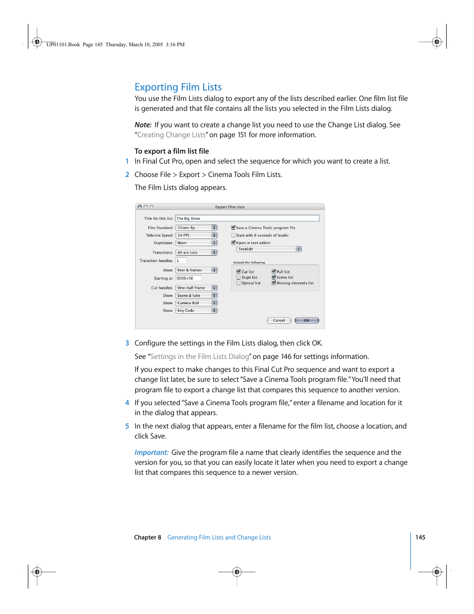 Exporting film lists | Apple Cinema Tools 3 User Manual | Page 145 / 235