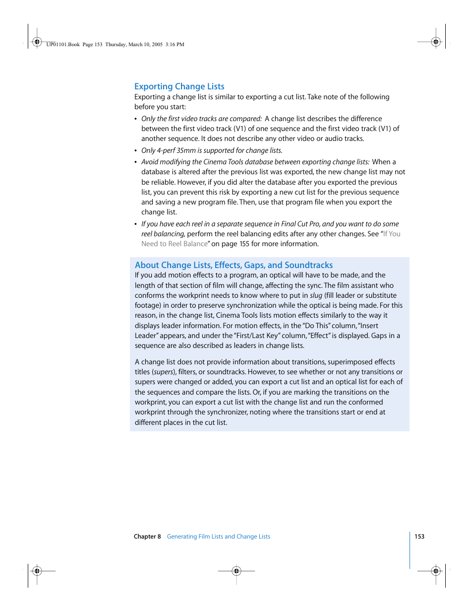 Exporting change lists, About change lists, effects, gaps, and soundtracks | Apple Cinema Tools 3 User Manual | Page 153 / 235