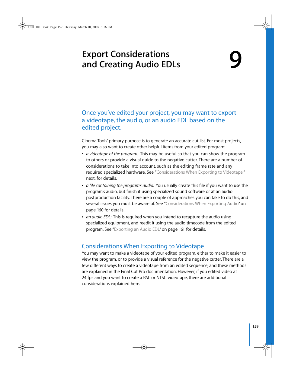 Export considerations and creating audio edls, Considerations when exporting to videotape, Chapter 9 | Apple Cinema Tools 3 User Manual | Page 159 / 235