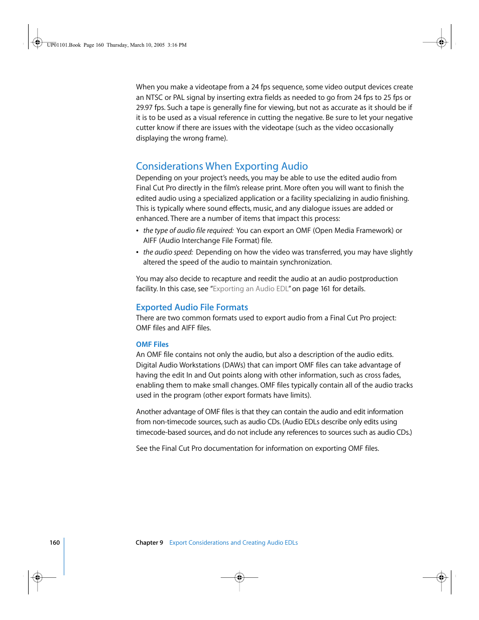 Considerations when exporting audio, Exported audio file formats | Apple Cinema Tools 3 User Manual | Page 160 / 235