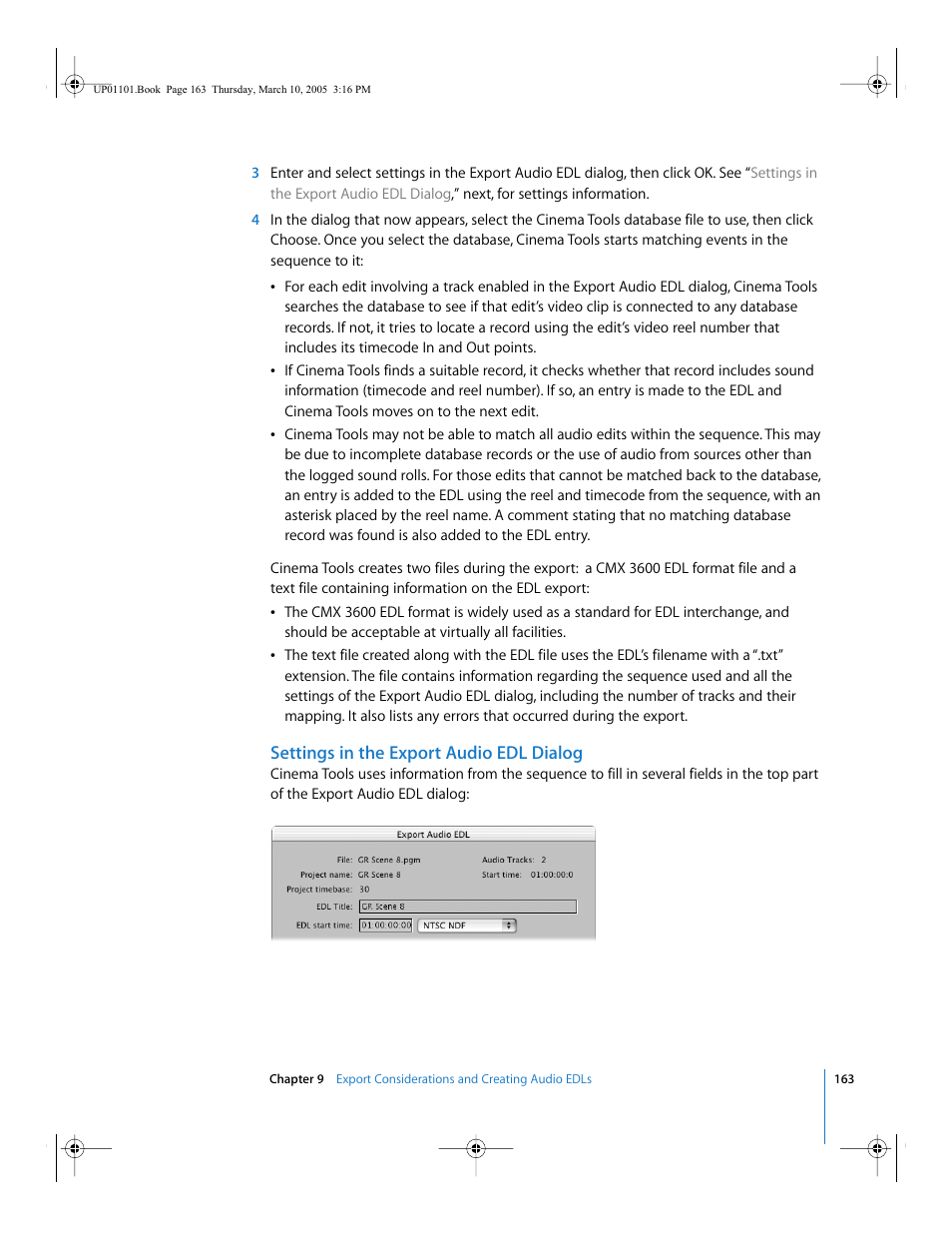 Settings in the export audio edl dialog | Apple Cinema Tools 3 User Manual | Page 163 / 235