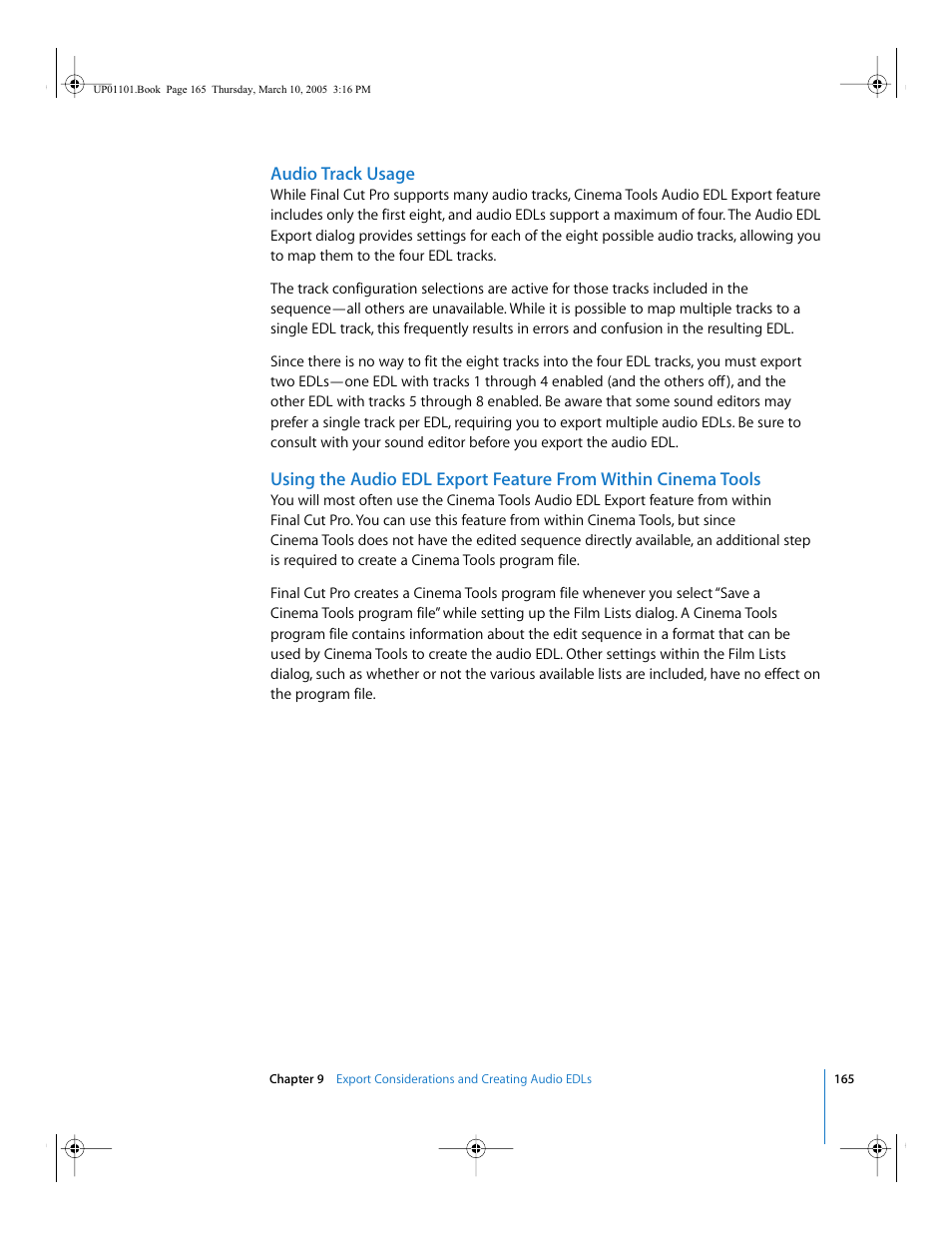 Audio track usage, Using the audio, Edl export feature from within cinema tools | Audio track, Usage | Apple Cinema Tools 3 User Manual | Page 165 / 235
