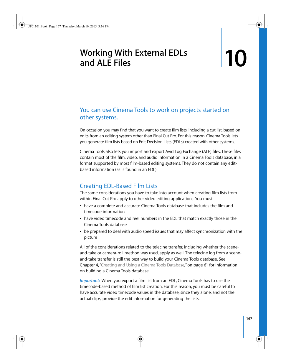 Working with external edls and ale files, Creating edl-based film lists, Chapter 10 | Ee chapter 10 | Apple Cinema Tools 3 User Manual | Page 167 / 235