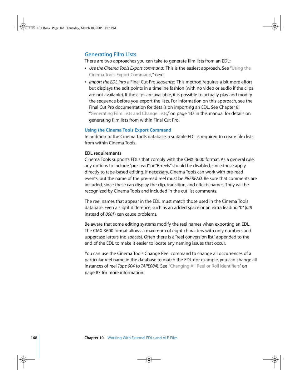 Generating film lists | Apple Cinema Tools 3 User Manual | Page 168 / 235