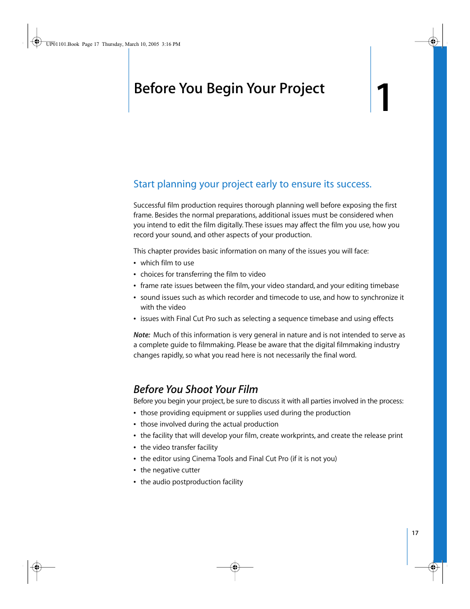 Before you begin your project, Before you shoot your film, Chapter 1 | Apple Cinema Tools 3 User Manual | Page 17 / 235