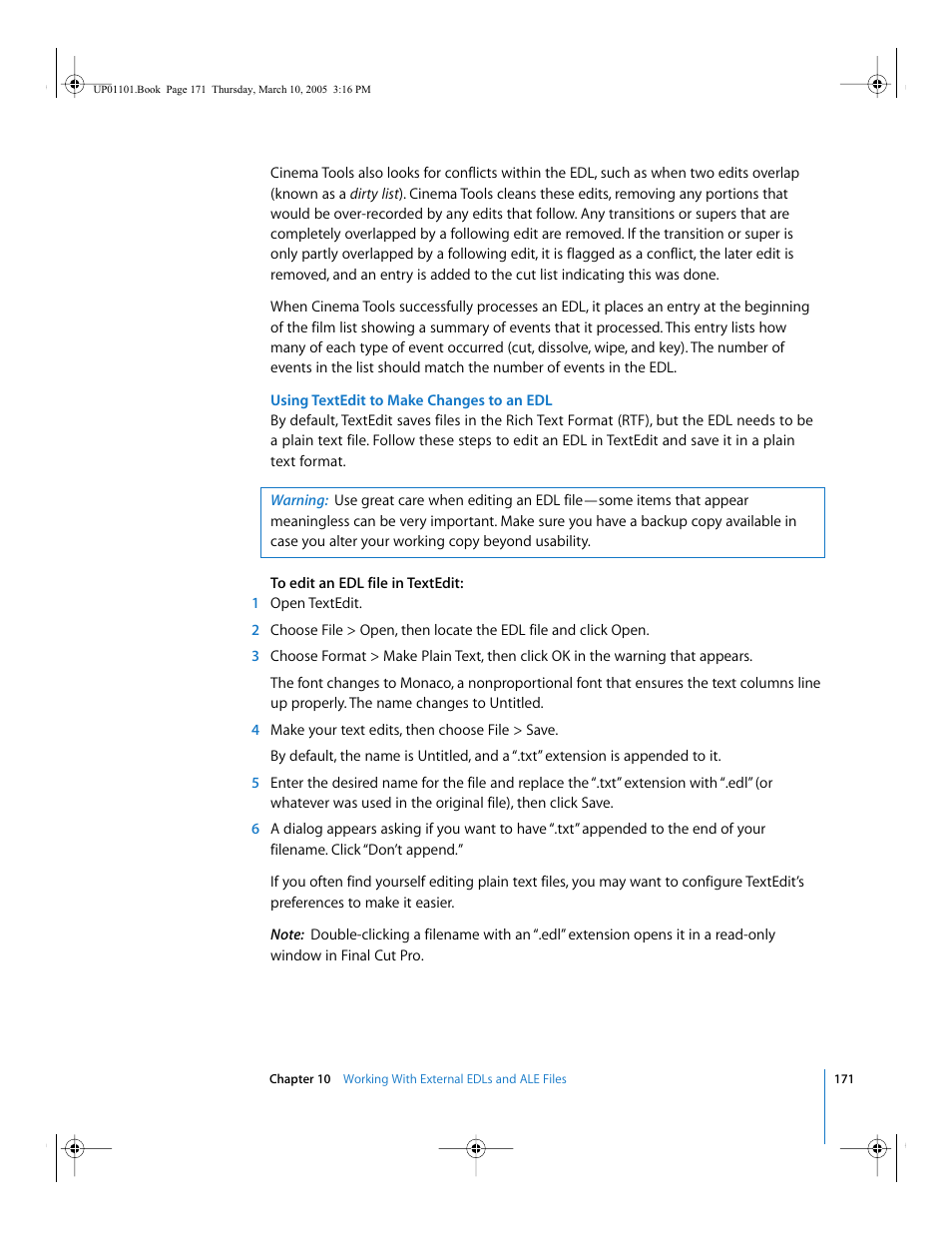 Using textedit to make, Changes to an edl | Apple Cinema Tools 3 User Manual | Page 171 / 235