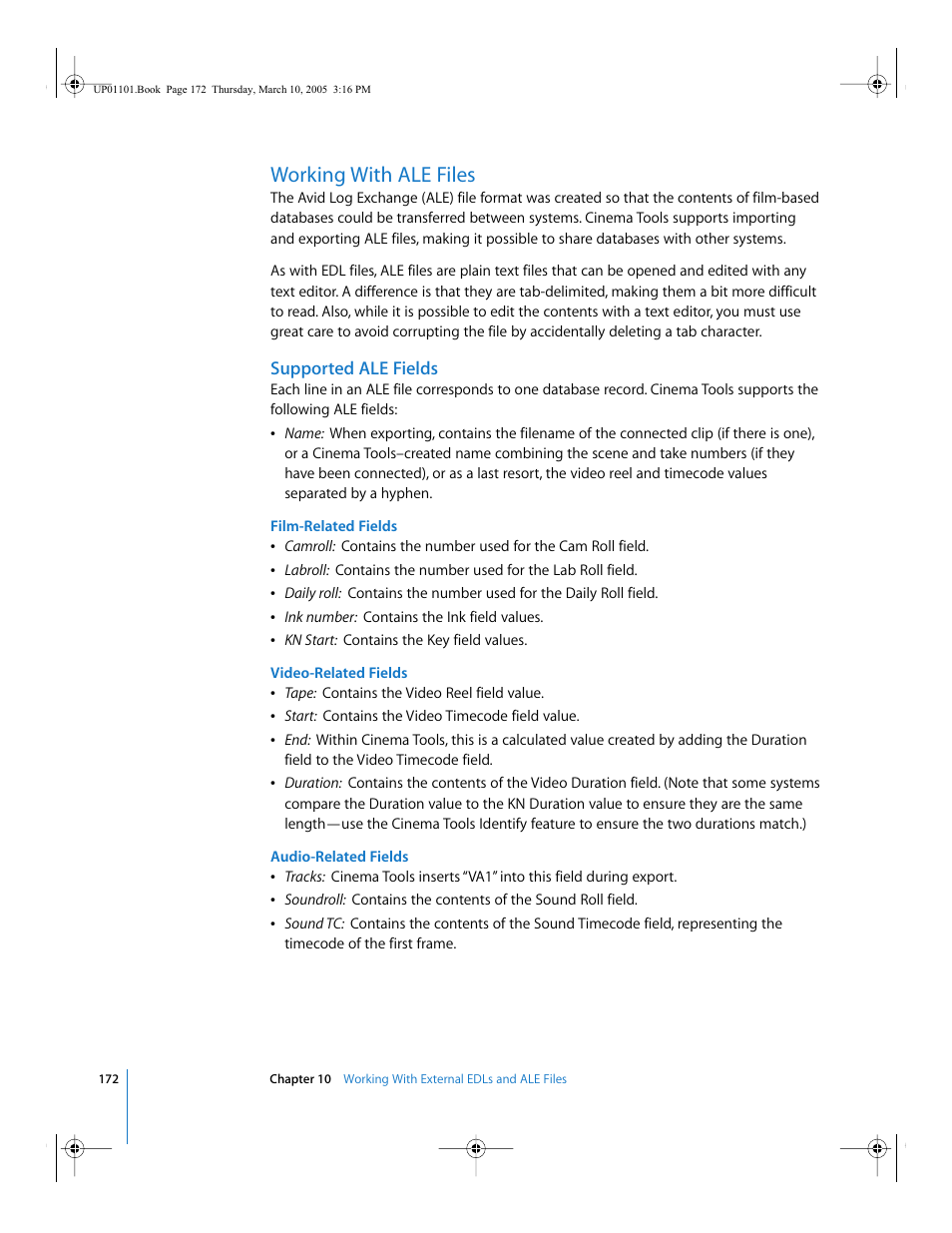 Working with ale files, Supported ale fields | Apple Cinema Tools 3 User Manual | Page 172 / 235