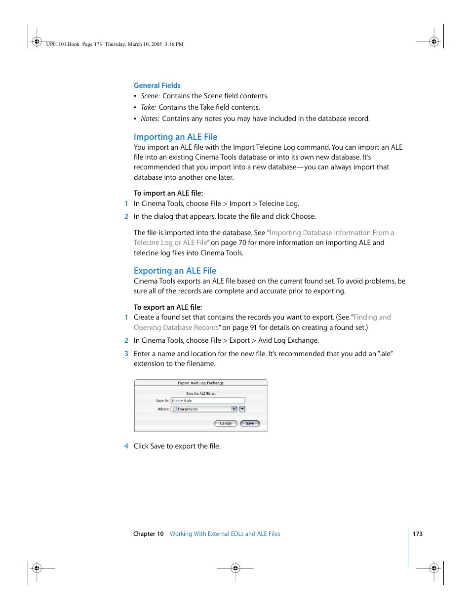 Importing an ale file, Exporting an ale file | Apple Cinema Tools 3 User Manual | Page 173 / 235