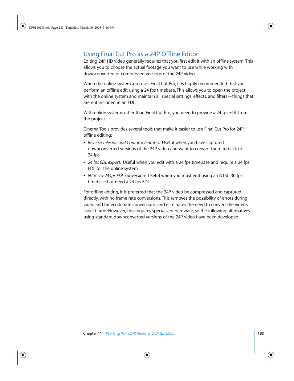 Using final cut pro as a 24p offline editor, Using final cut pro as, A 24p offline editor | Apple Cinema Tools 3 User Manual | Page 183 / 235