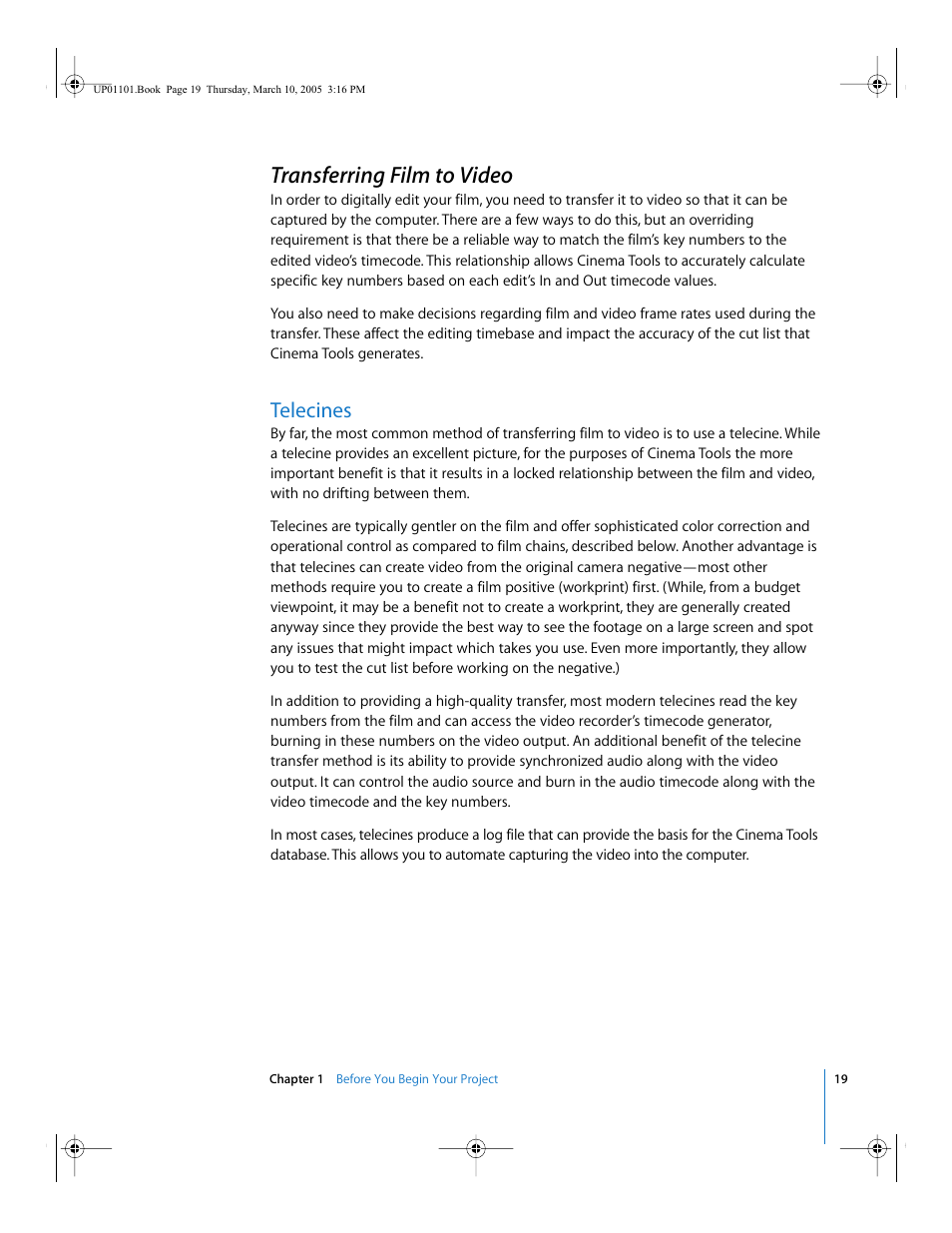 Transferring film to video, Telecines | Apple Cinema Tools 3 User Manual | Page 19 / 235