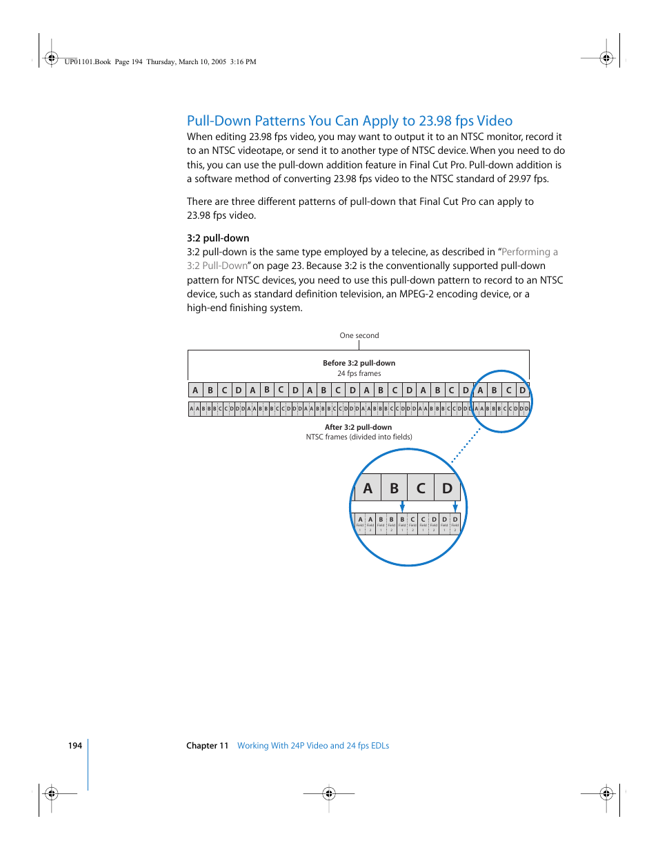 Pull-down, Patterns you can apply to 23.98 fps video, Scribed in | Pull-down patterns you can apply, To 23.98 fps video, Ab c d | Apple Cinema Tools 3 User Manual | Page 194 / 235