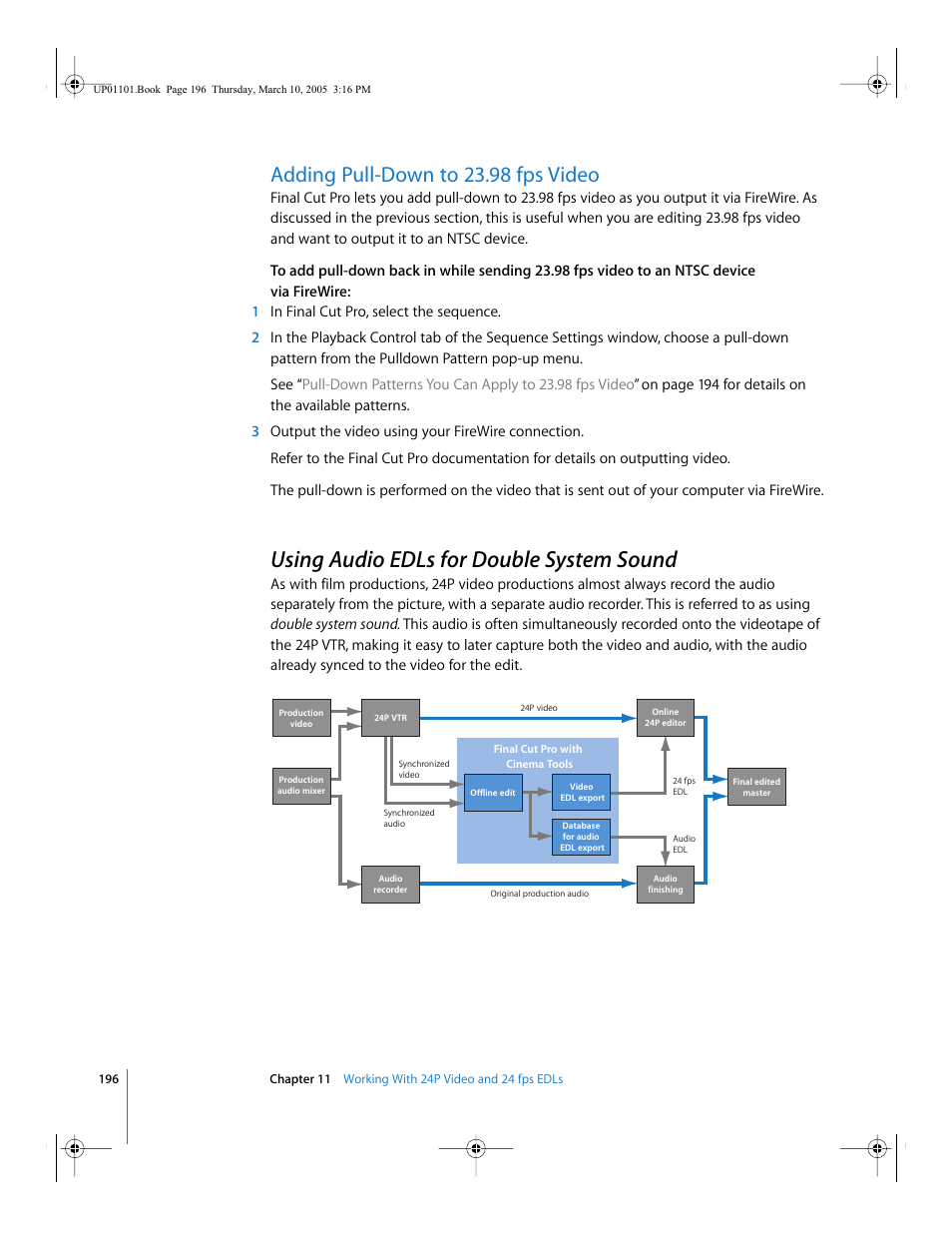 Adding pull-down to 23.98 fps video, Using audio edls for double system sound, Using audio edls for double system | Sound | Apple Cinema Tools 3 User Manual | Page 196 / 235