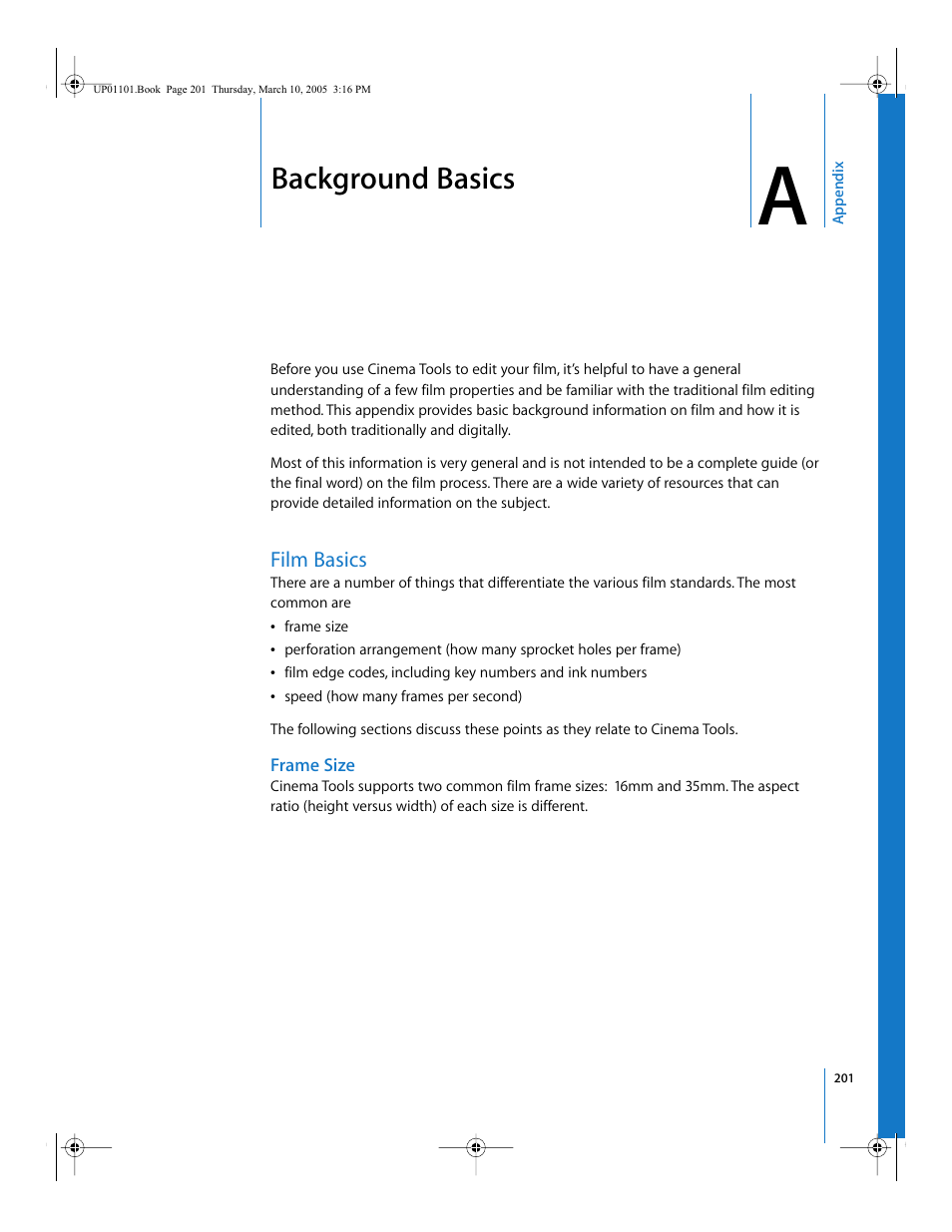 Background basics, Film basics, Frame size | Appendix a, See appendix a, Ee appendix a | Apple Cinema Tools 3 User Manual | Page 201 / 235
