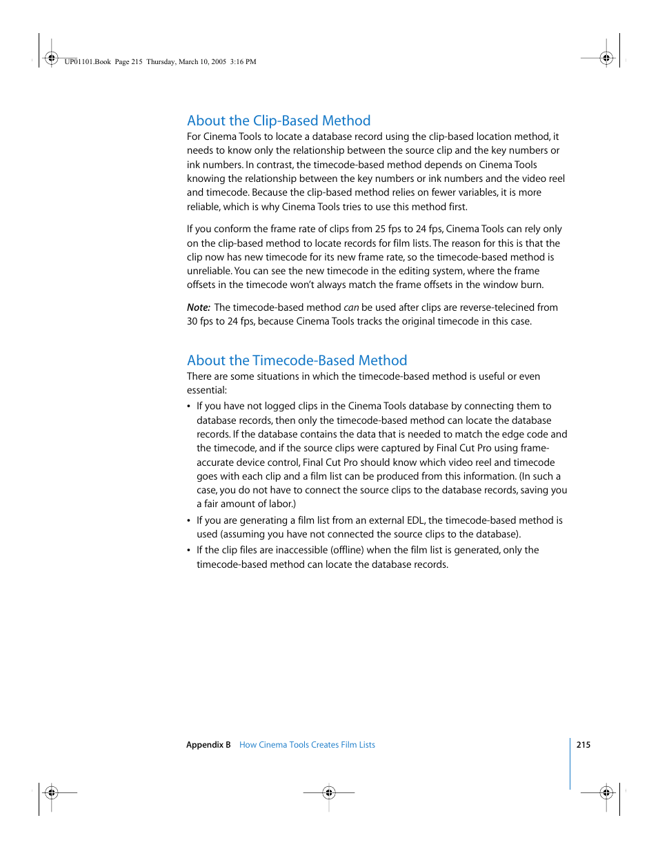 About the clip-based method, About the timecode-based method | Apple Cinema Tools 3 User Manual | Page 215 / 235